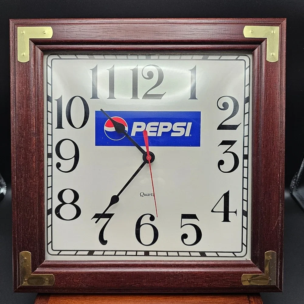 Vintage Pepsi Wall Clock w/ Cherrywood Frame & Matching Tablet/Phone Stand Works